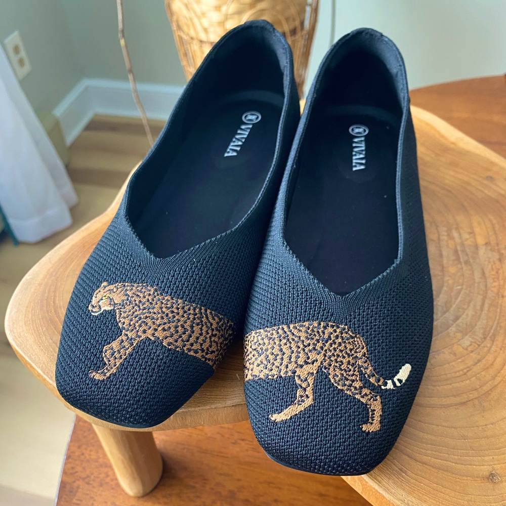 Black Leopard Embroidered Flats. US 6.5 size